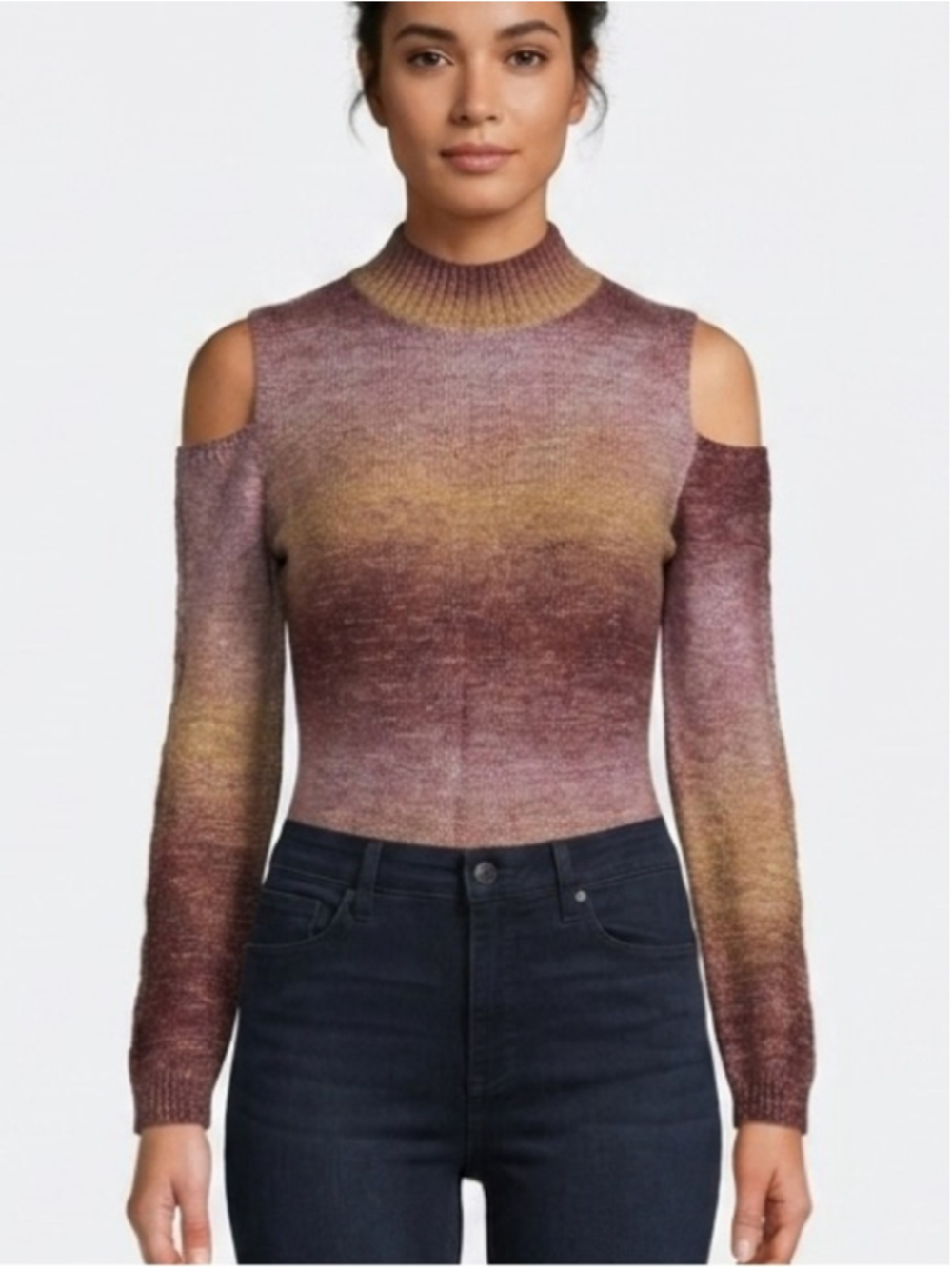 cleo cold, shoulder Mock Neck Sweater in Mauve and Gold-Tone work, Travel 1437